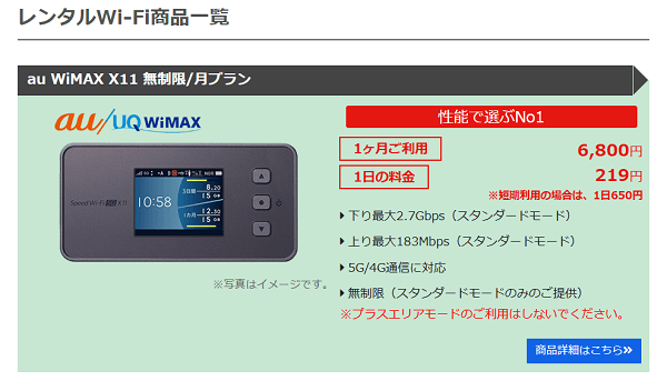 WiFiレンタルJAPAN WiMAX X11無制限／月プラン